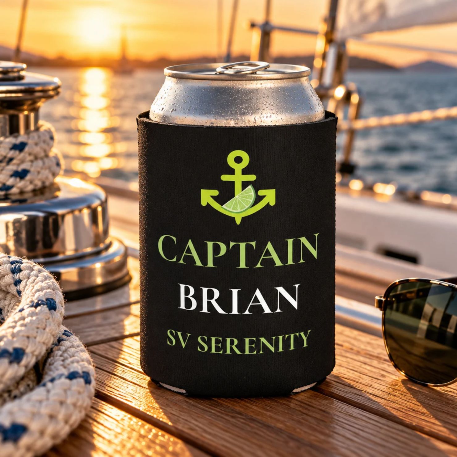 Personalized captain name and boat name nautical can cooler