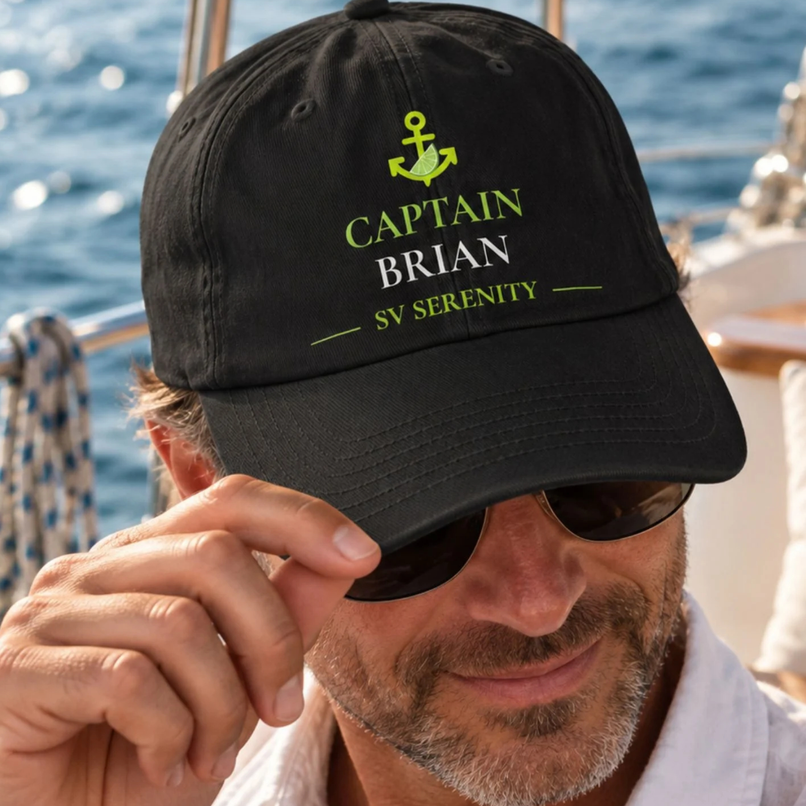 Personalized black captain hat with captain name and boat name
