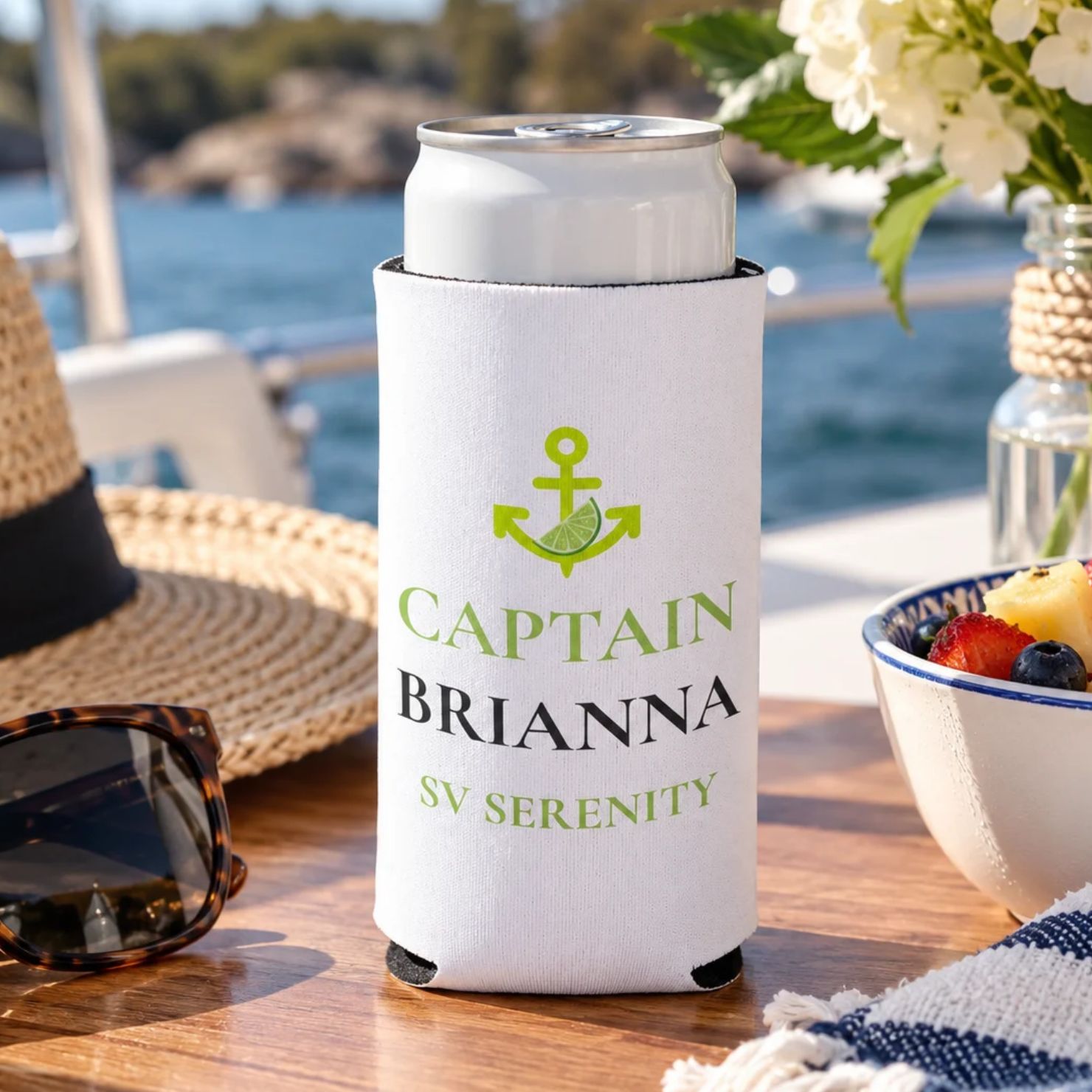 Personalized captain name and boat name nautical slim seltzer can cooler