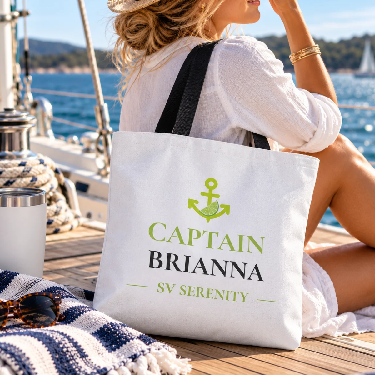 Personalized captain name and boat name nautical tote bag