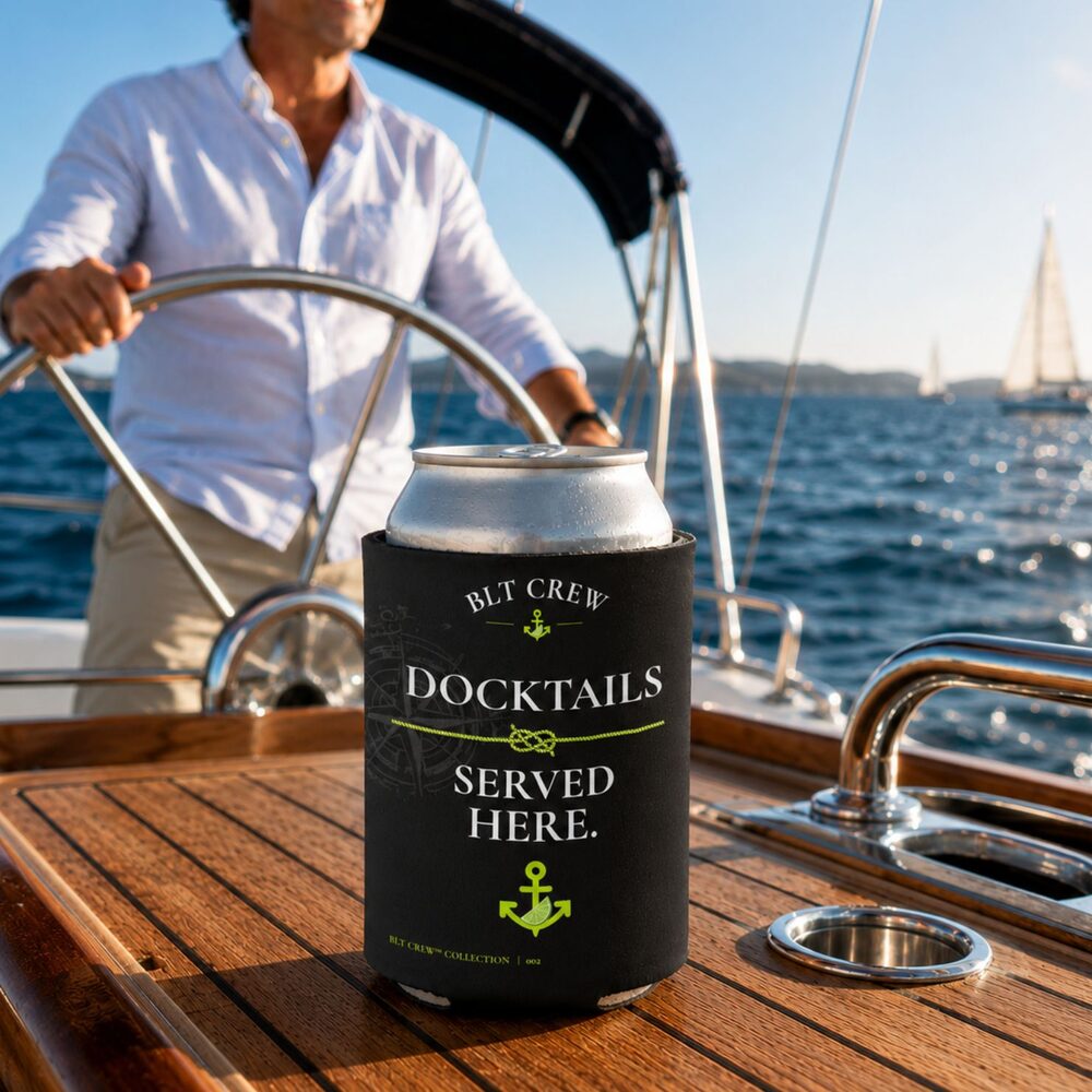 BLT Crew Docktails Served Here. can cooler at the helm of a sailboat