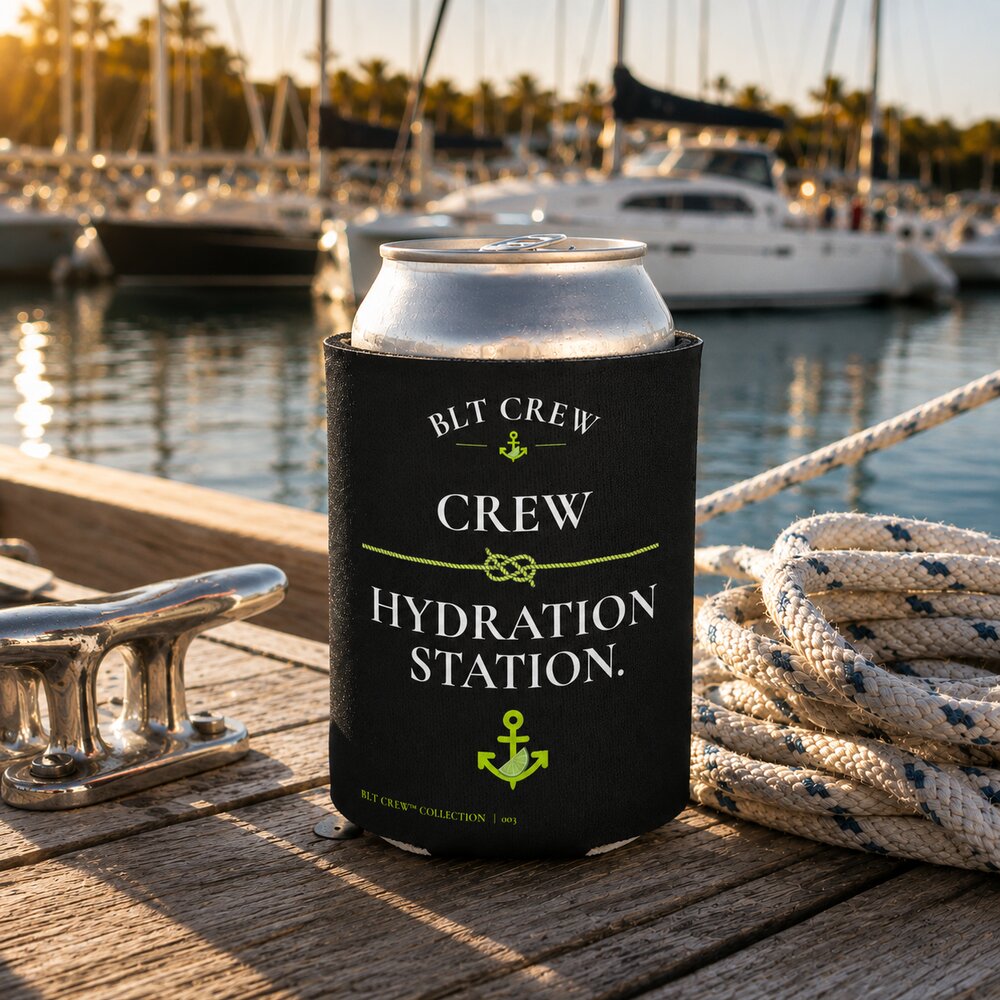 BLT Crew Hydration Station can cooler at a marina dock